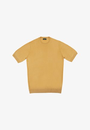 Gelbes kurzärmeliges Sweater aus leichtem Stoff. Verfügt über einen gerippten Rundhalsausschnitt und Saum. Glatte Textur mit einem einfachen Design.