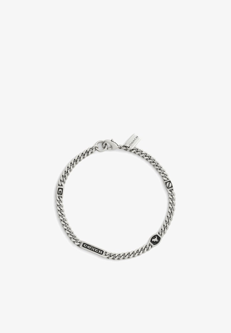 Silver-colored link bracelet with alternating black-accented sections, featuring engraved brand logo and symbols, finished with a clasp.