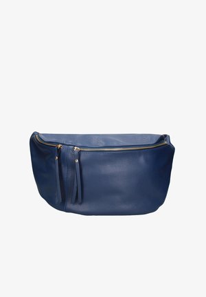 Sac à main en cuir bleu avec une finition texturée, fermeture éclair et deux accents de glands à l'avant. Forme simple et arrondie sans motifs supplémentaires.