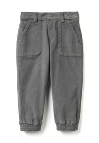 Grijze corduroy broek met een relaxed fit, twee voorkruipzakken, elastische boorden en een knoopsluiting in de taille. Textuurdetail van de stof zichtbaar.