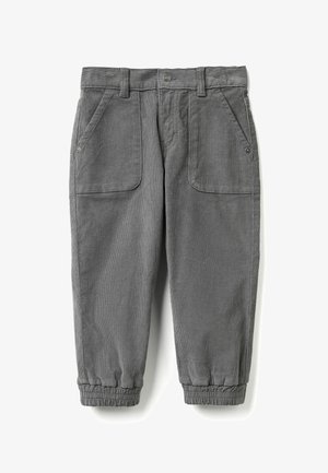 Graue Cordhose mit lockerer Passform, zwei Fronttaschen, elastischen Bündchen und einem Knopfverschluss in der Taille. Sichtbares Gewebemuster.