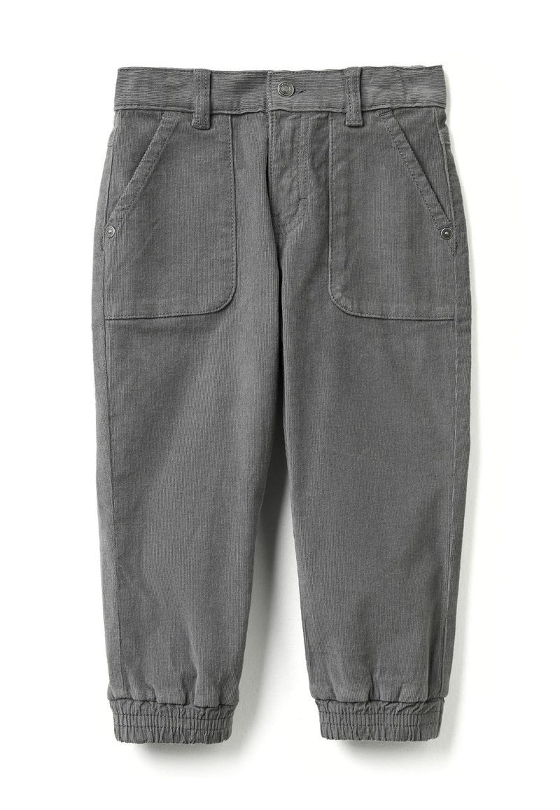 Grijze corduroy broek met een relaxed fit, twee voorkruipzakken, elastische boorden en een knoopsluiting in de taille. Textuurdetail van de stof zichtbaar.