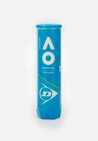 Blauwe cilindrische container voor tennisballen, gelabeld "Australian Open" en "Official Ball." Heeft witte en gele graphics, gladde textuur.