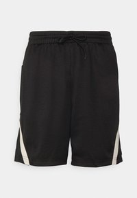 Schwarze Sportshorts aus Netzgewebe, mit elastischem Bund und Kordelzug sowie weißen Seiteneinsätzen.