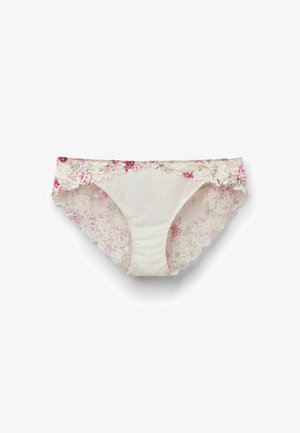 Bikinier i cremefarvet blomstret blonder med pink og grønne blomster på linningen og blonder på kanterne.