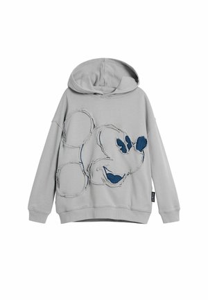 Sudadera gris con capucha que presenta un gráfico desgastado de un personaje de dibujos animados en tonos azules. Tela suave con un corte holgado y puños acanalados.
