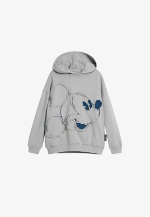 Pilkas gobtuvu megztinis su išblukusia mėlyna animacinio personažo grafika. Minkšta audinio tekstūra, laisvo silueto ir su ribotais rankogaliais.