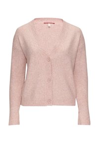 Jasnoróżowy sweter zapinany na pięć guzików, z dekoltem w serek oraz ściągaczami na rękawach. Posiada teksturowane wykończenie korpusu oraz gładkie wykończenie dekoltu.