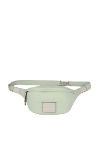 Borsa a fanny pack verde menta con una texture liscia, forma rettangolare, etichetta con logo e tracolla regolabile. Presenta un compartimento con zip.