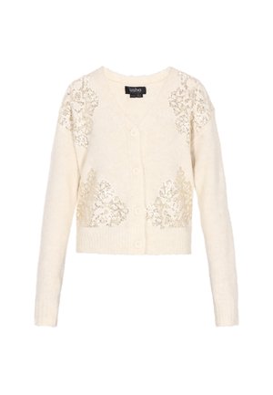 Cardigan crema con scollo a V, caratterizzato da un ricamo floreale dorato decorativo e cinque bottoni, realizzato in un morbido materiale di maglia testurizzato.
