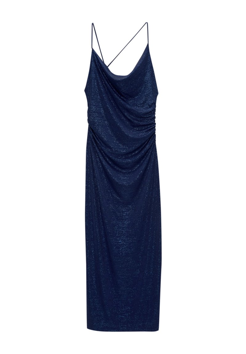 Navyblaue, ärmellose Kleid aus einem schimmernden Stoff, mit einem drapierten Vorderteil, gerafftem Seitenbereich und überkreuzten Rückenriemen.