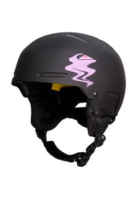 Svart skihjelm med matt finish, rosa aksentlogo, ventilasjonsåpninger, polstret innredning og justerbar hakebelte for komfort.