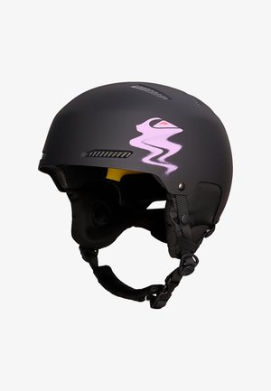 Black skiing helmet with a matte finish, pink accent logo, ventilation slots, padded interior, and adjustable chin strap for comfort.