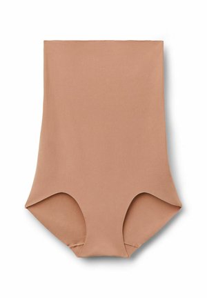 Beige, hoch geschnittene Shaping-Shorts aus glattem Stoff mit nahtlosem Design und abgerundeten Beinöffnungen für Komfort und Bedeckung.