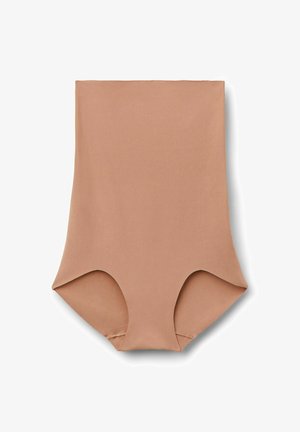 Beige hoge taille shaping onderbroek gemaakt van gladde stof met een naadloos ontwerp en ronde beenopeningen voor comfort en bedekking.