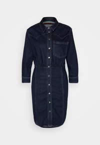 Mörk denimklänning med långa ärmar, tryckknappsstängning, bröstficka och elastisk midja för en figurnära look, med en klassisk kragsdesign.