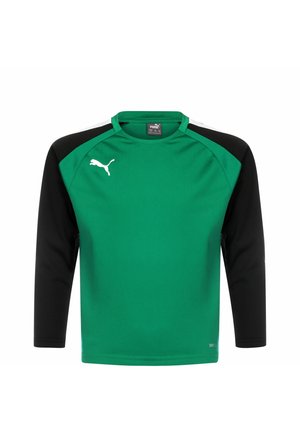 T-shirt de sport vert avec des manches longues noires, col rond et design contrastant sur les épaules. Présente un logo blanc sur la poitrine.