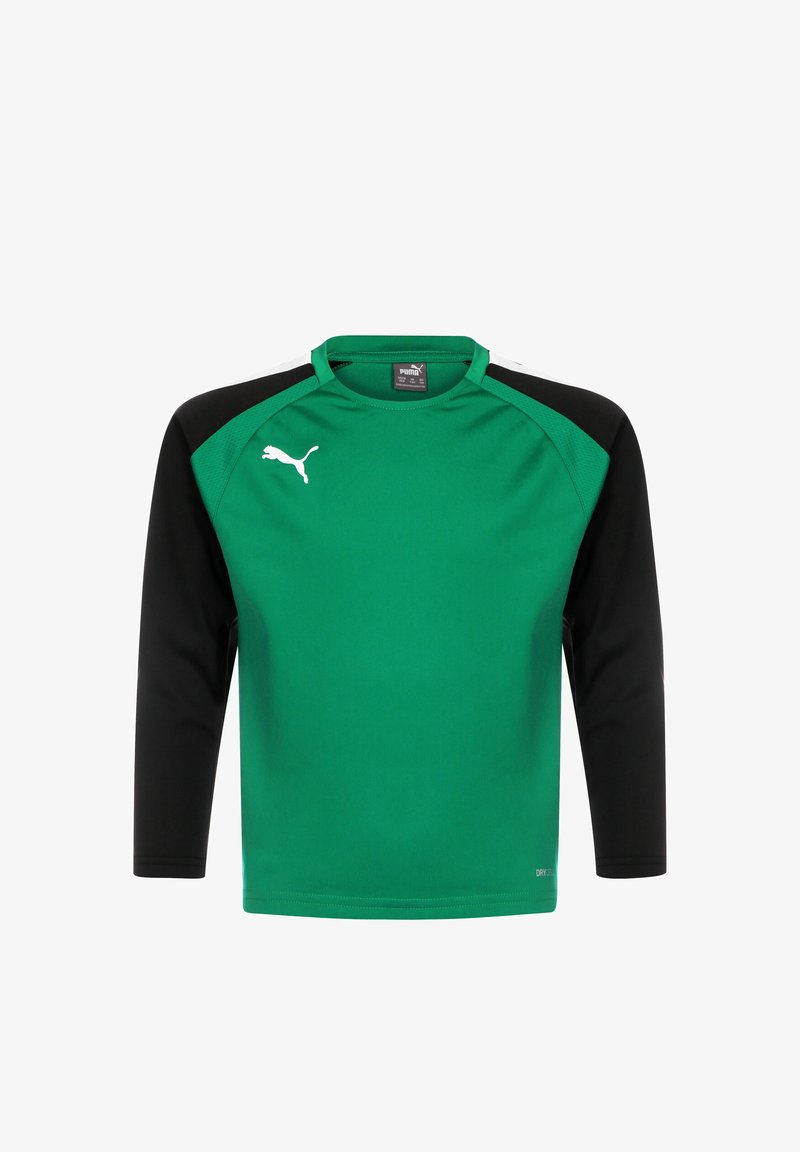 Grünes Sportshirt mit langen schwarzen Ärmeln, rundem Ausschnitt und kontrastierendem Schulterdesign. Verfügt über ein weißes Logo auf der Brust.