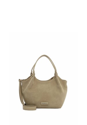 Sac à main en cuir souple marron clair avec deux poignées, une bandoulière amovible et une petite étiquette rectangulaire de marque à l'avant.