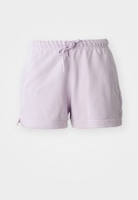 Lilac cotton shorts with an elastic waistband, drawstring, and side slits. Features a white Jordan logo on the left thigh.