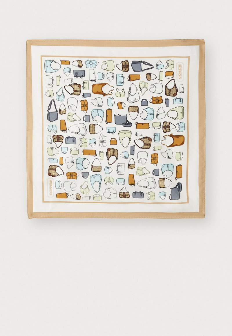 Hodvábny šál s viacfarebným vzorom rôznych tašiek a doplnkov, obkreslený čiernou farbou s hnedým okrajom, hladká textura.