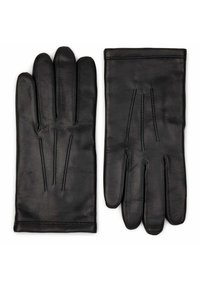 Gants en cuir noir d'une texture lisse, avec trois coutures décoratives sur le dos et une forme classique.