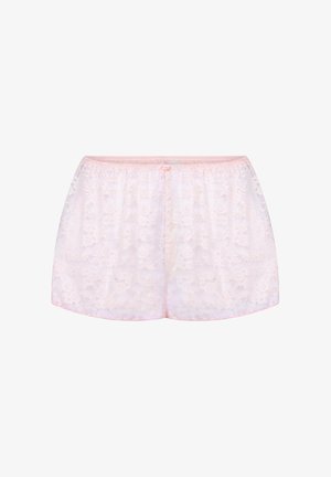 Pink lace shorts with elastic waistband, floral pattern, and soft texture. Features delicate edges and a button detail on the front.
