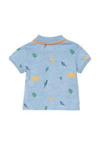 Kurzärmeliges blaues Poloshirt mit einem gemusterten Design aus Vögeln, Blättern und gelben Vans. Verfügt über einen orangen Kragen und Softcotton-Material.