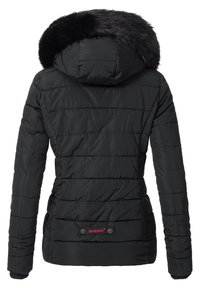 Black puffer jacket with a fur-trimmed hood, quilted texture, and button accents. Features a fitted design and long sleeves.