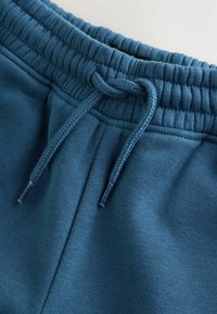 Les pantalons de survêtement bleus présentent une fermeture à cordon, une taille côtelée et un tissu doux et texturé. Le matériau a l'air lisse avec un léger éclat.