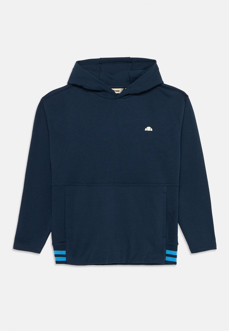 Sweatshirt com capuz azul marinho, feito de uma mistura de algodão macio, apresentando um bolso frontal e detalhes azuis listrados na orla. Pequeno logótipo no peito.