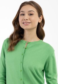 Žalias megztas kardiganas su apvaliu kaklu, ilgomis rankovėmis ir priekyje užsegamas mygtukais. Ypatybė – tekstūruotas audinys ir maži derantys mygtukai.
