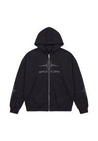 Sweat à capuche noir zippé avec poches avant, capuche et logos en forme d'étoiles sur la poitrine et les manches.