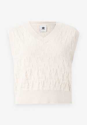 Kremfarget strikket ermeløs genservest med V-hals og subtilt teksturmønster, merket Element, størrelse liten.