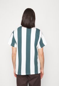 Pruhované tričko s krátkým rukávem, které má zeleno-bílé vertikální pruhy, vyrobené z bavlny, s volným střihem a kulatým výstřihem.