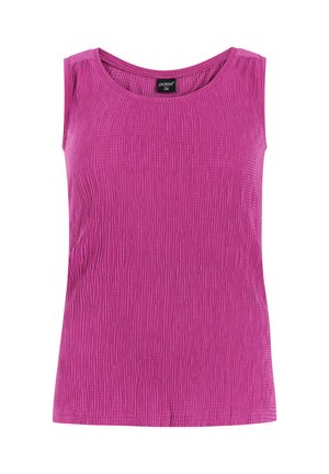 Mouwloos dames topje in een gestructureerde, felroze stof met een ronde halslijn en een aansluitende pasvorm.