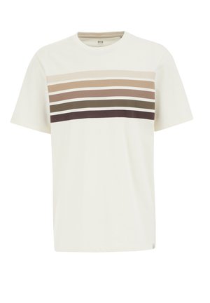 Cremfarbene T-Shirt aus Baumwolle, mit horizontalen Streifen in Beige, Braun, Oliv und Dunkelbraun über der Brust. Reguläre Passform.