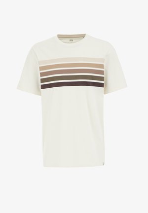 T-shirt color crema in cotone, con righe orizzontali in beige, marrone, oliva e marrone scuro sul petto. Vestibilità regolare.