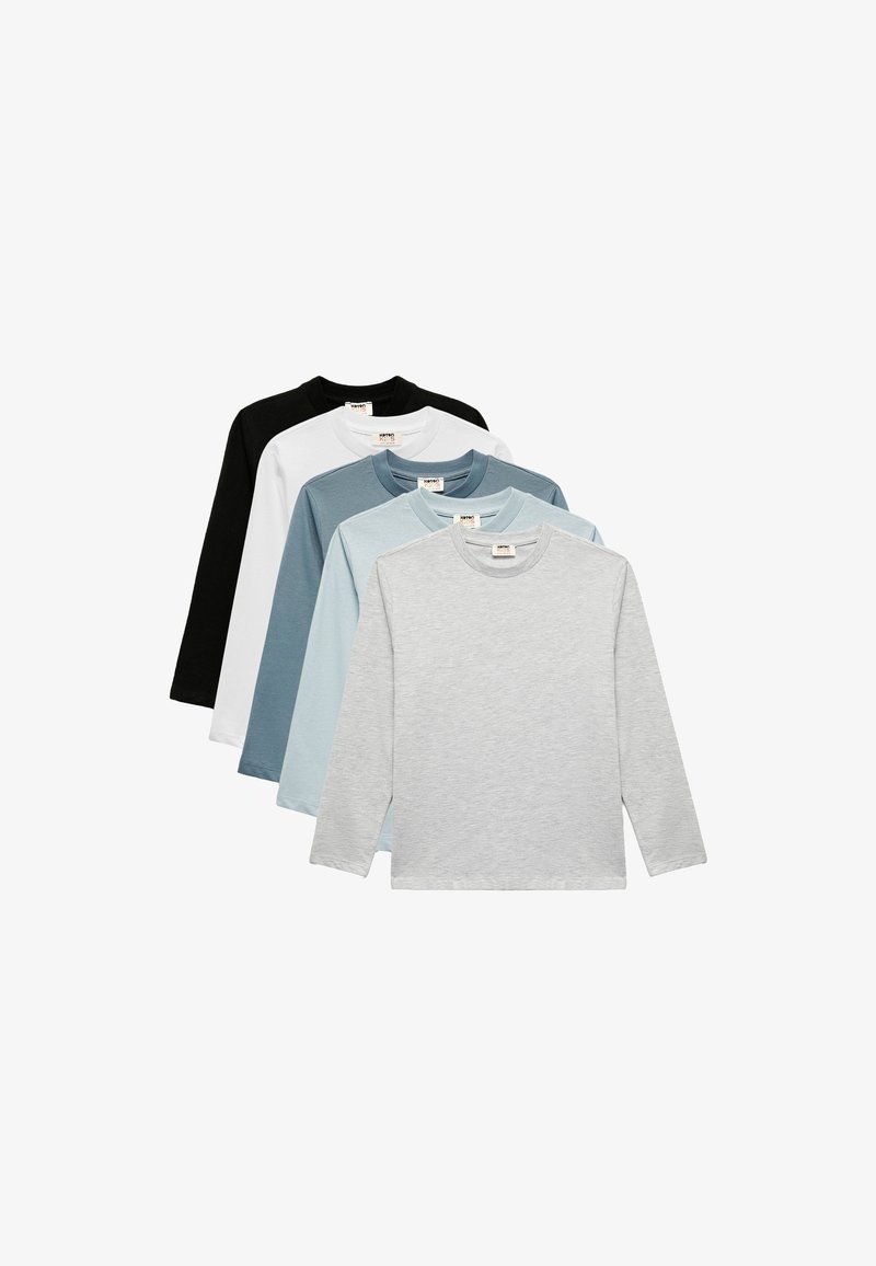 Five long-sleeve t-shirts arranged from left to right: black, white, light gray, teal, and blue. Cotton fabric, crew neck design, and colors vary.