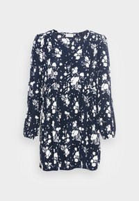 Vestido azul-marinho com padrão floral branco, mangas longas volumosas, decote em V e uma silhueta ligeiramente evasé. Feito de tecido leve.
