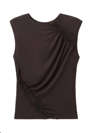 Dark brown sleeveless top with diagonal lace accents near the shoulder and lower side, featuring slight draped fabric details.