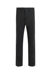 Pantaloni neri in cotone con design a gamba dritta, chiusura frontale con bottone e tasche. Texture liscia senza motivi o decorazioni visibili.