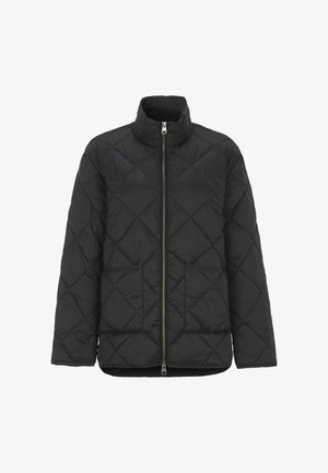 Schwarze gesteppte Jacke mit hohem Kragen, Frontreißverschluss, zwei vorderen aufgesetzten Taschen und langen Ärmeln, geeignet für kaltes Wetter.