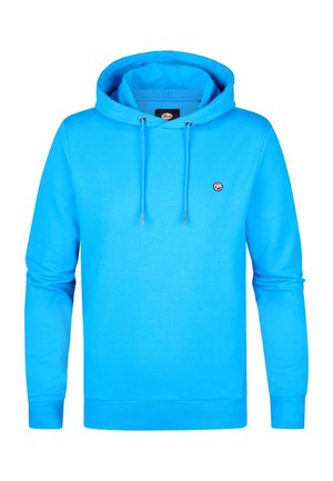 Blauwe hoodie gemaakt van zachte stof, met een voork pocket en een trekkoord, en een klein logo op de borst.