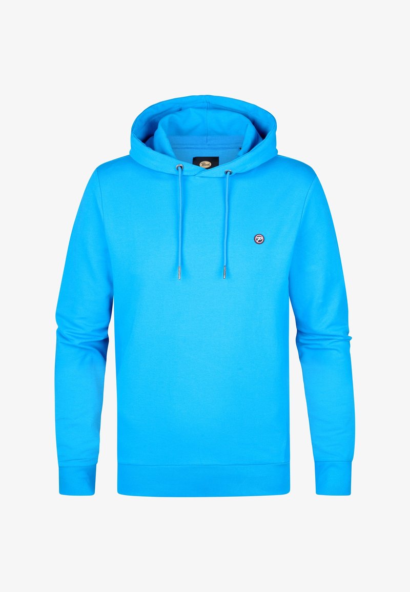Sweatshirt à capuche bleu en tissu doux, avec une poche frontale et un cordon de serrage, présentant un petit logo sur la poitrine.