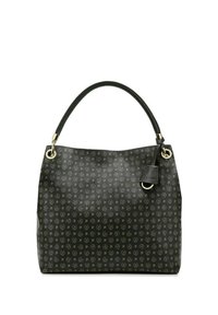 Borsa nera realizzata in materiale testurizzato con accenti in oro. Presenta un motivo con logo, un etichetta removibile e una maniglia arrotondata.