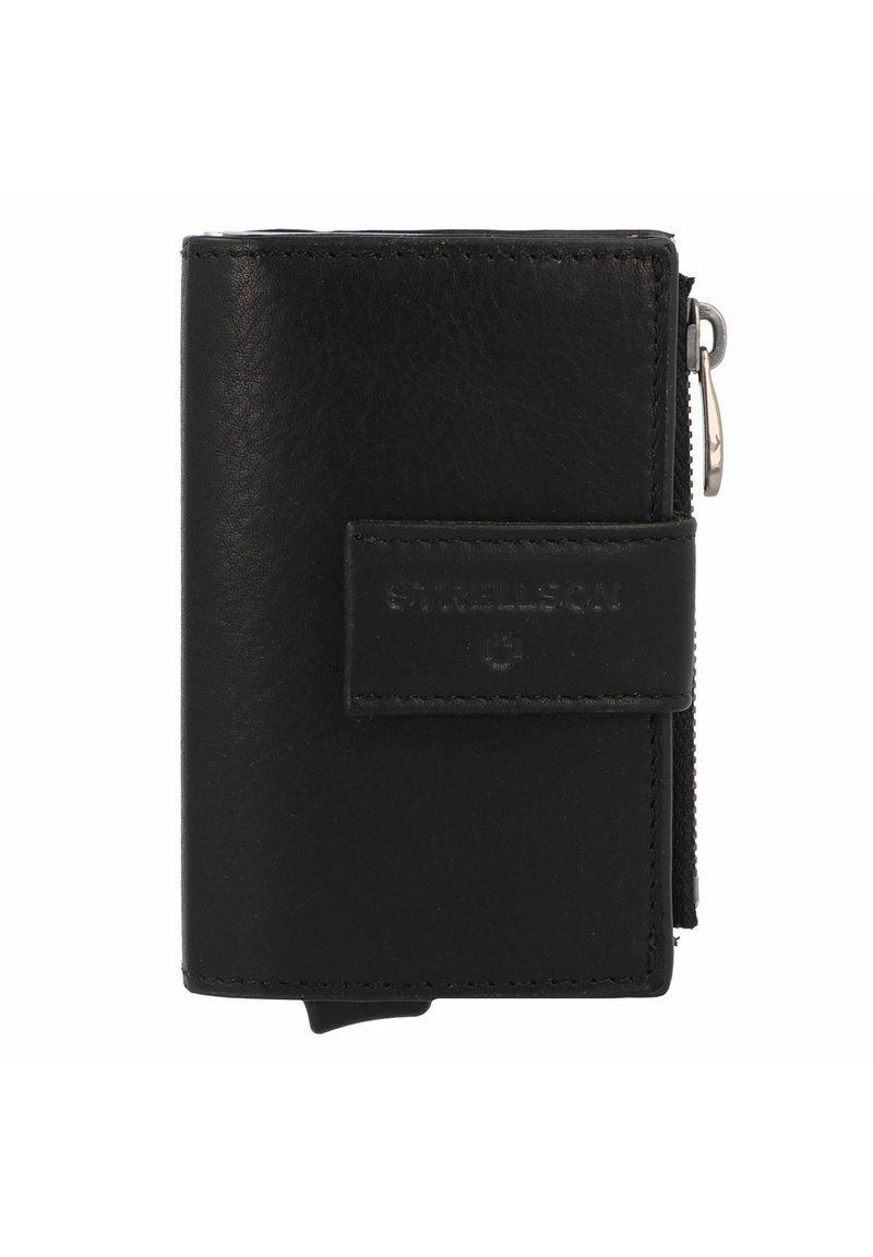 Musta nahkainen lompakko, jossa on kompakti suorakulmainen muoto, varustettu vetoketjusuljennalla ja kohokuvioidulla brändilogolla etupuolella.