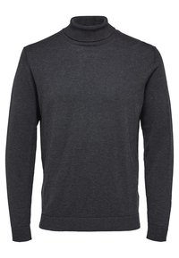 Mörkgrå polotröja gjord av mjuk stickad tyg. Har långa ärmar, ribbade manschetter och en snug polokrage.