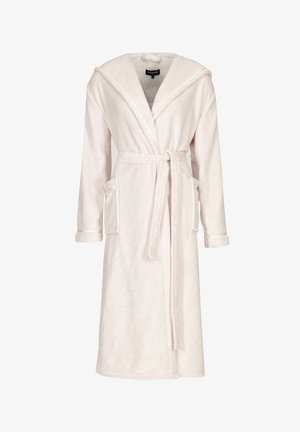 Weiche rosa Bademantel aus flauschigem Material, mit Schalkragen, langen Ärmeln, einem Bindegürtel und zweiFronttaschen mit grauen Akzenten.