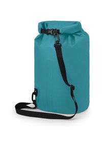 Bolsa seca enrollable azul e impermeable con correa de hombro ajustable negra y cierre lateral, sobre fondo blanco.
